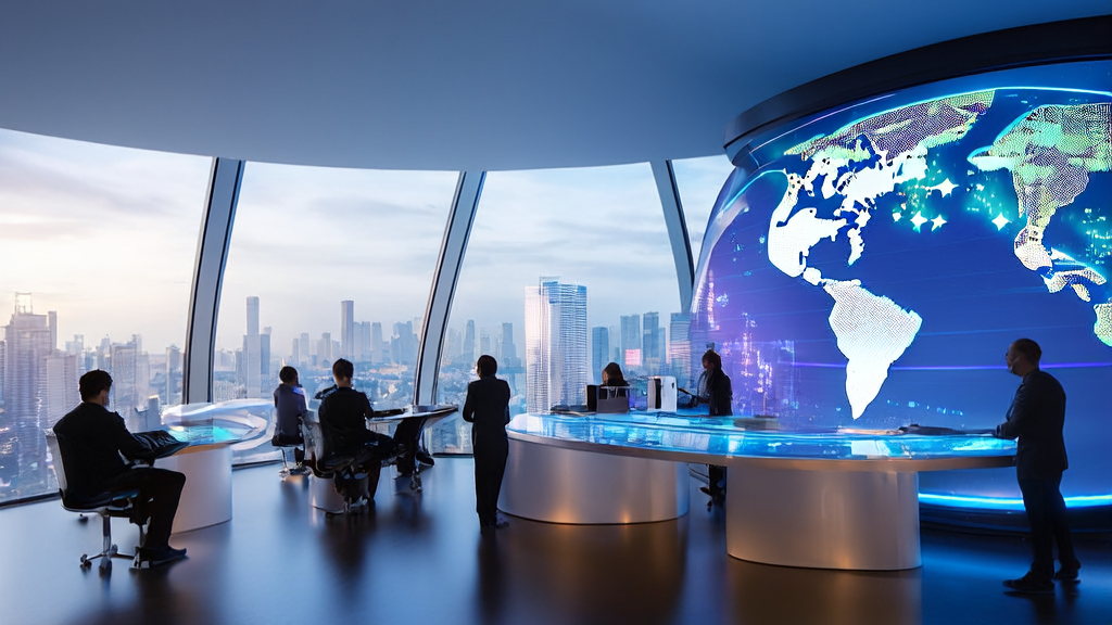 未来办公室中员工讨论跨境电商邮件自动化的场景