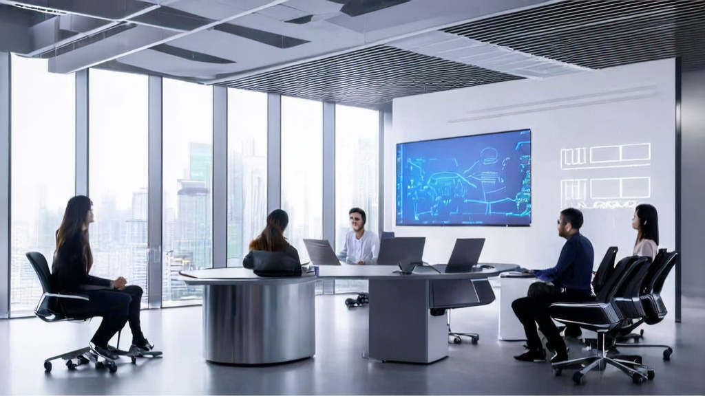 未来科技办公室内的团队正在讨论2025年AI获客新趋势和Mistral OCR 3技术的应用