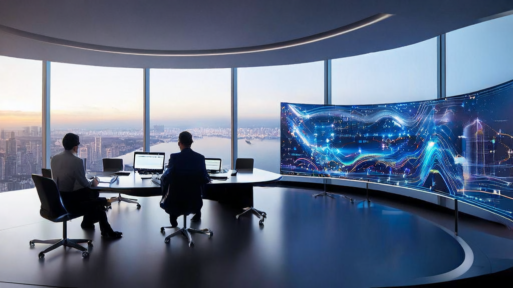 未来科技办公室内，商务人士正在讨论AI技术在B2B市场的应用前景