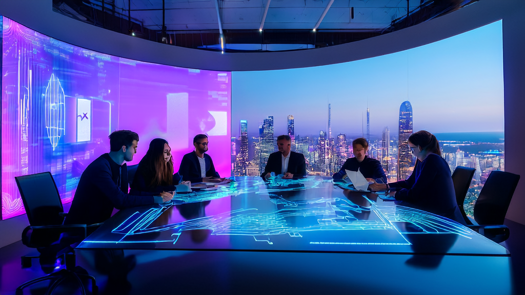 Entrepreneurs in a futuristic office discussing the application prospects of AI technology in B2B marketing