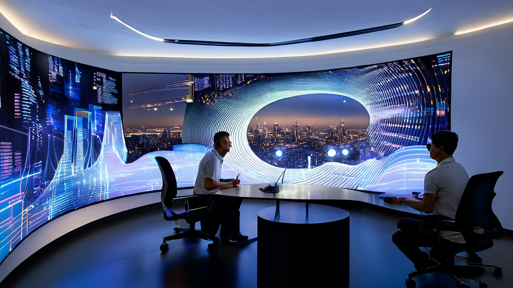Engineers in a futuristic office discussing VINCIE-3B and its impact on email marketing