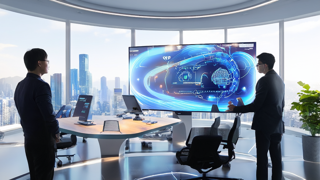 Marketing experts discussing AI-optimized email marketing strategies in a futuristic office