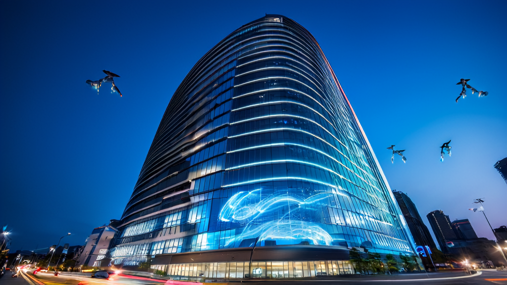 In a futuristic office building, an entrepreneur uses the Liquid AI LFM2-8B-A1B model for customer prediction, helping cross-border e-commerce break through growth bottlenecks.