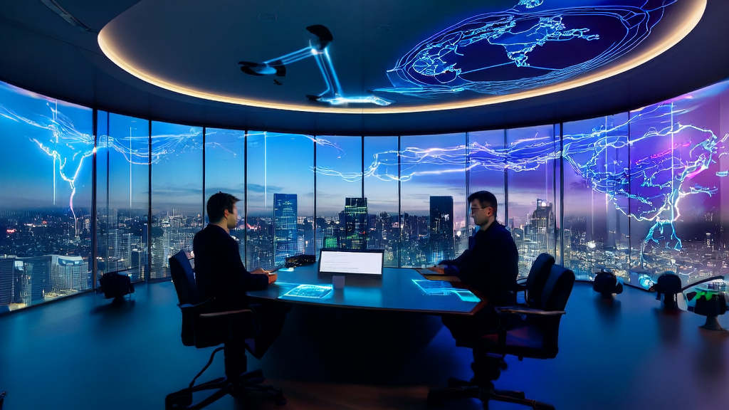 In a futuristic office, entrepreneurs discuss new trends in AI customer acquisition for cross-border e-commerce using AI and brain-computer interface technology