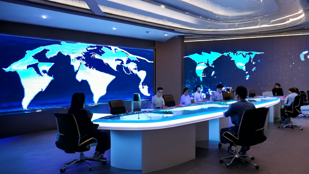 Team in a future office using AI customer prediction model for data analysis