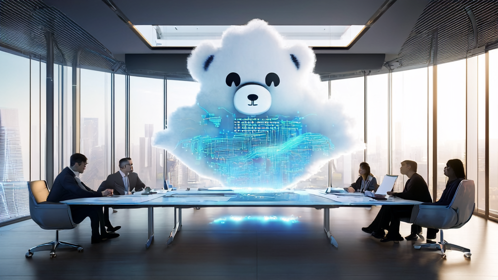 未来办公室中的企业家们正在讨论AI优化的邮件营销策略,背景是一只羊毛毡大熊猫云