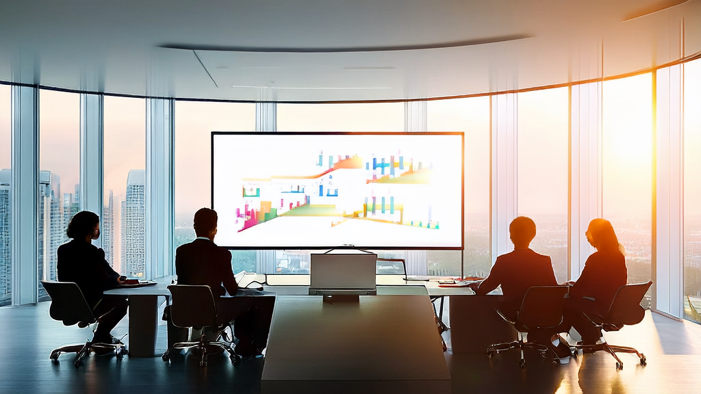 Future office meeting showcasing AI marketing innovation achievements