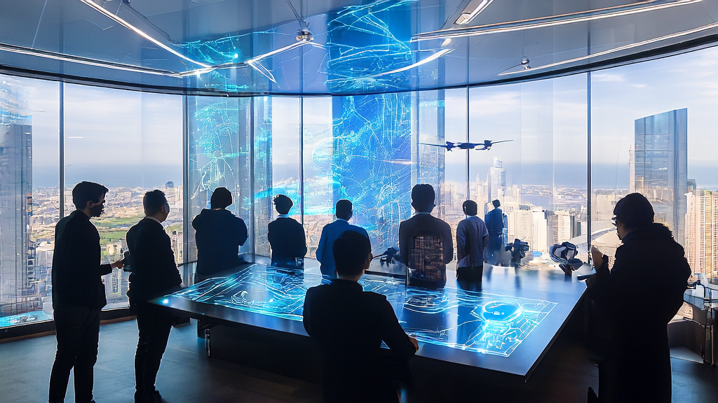 未来办公室团队讨论AI客户挖掘工具