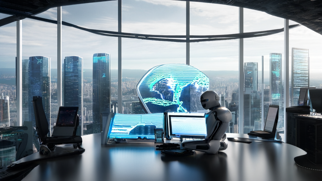 未来办公室中摆放着1X Neo人形机器人模型，周围是全球市场数据和智能设备，阳光透过窗户洒进室内。