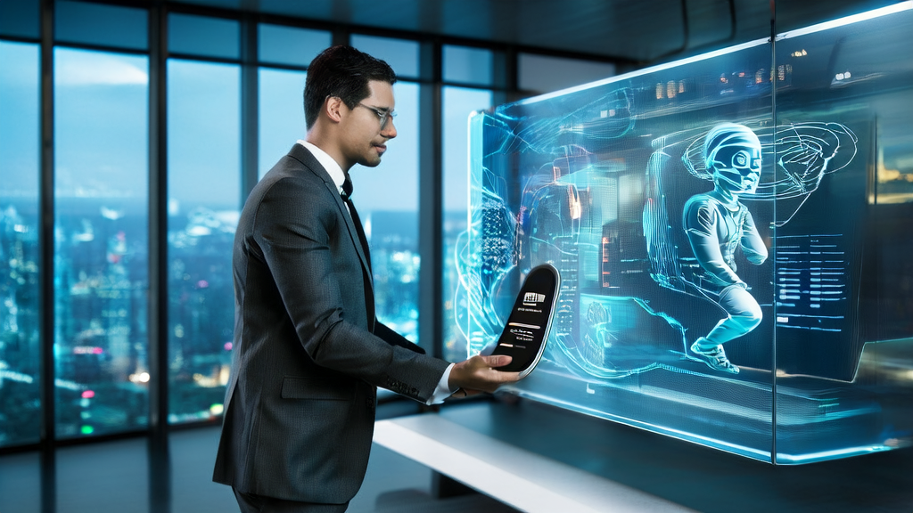 Scene of AI customer acquisition using NOVA digital human technology in a futuristic office