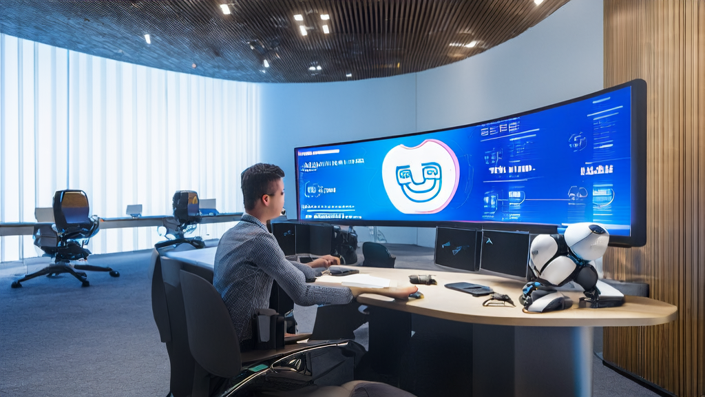 未来办公室中,创业者使用AI驱动的个性化邮件营销系统,具身智能机器人在一旁协助处理订单和客户服务