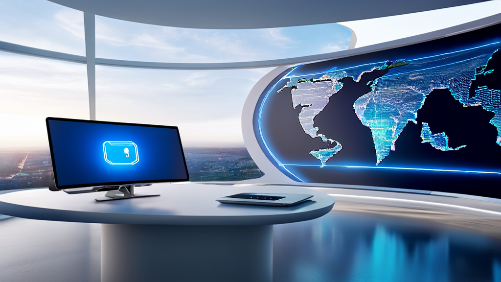 A futuristic office with a large screen displaying global market dynamics and the Manus Browser Operator icon