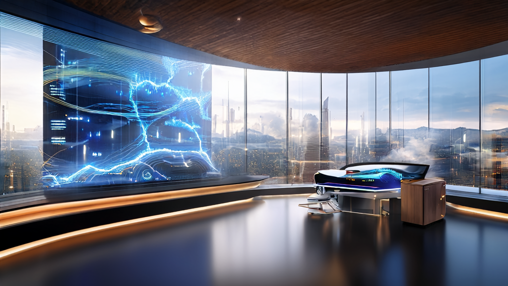 Interior of a futuristic office with an AI assistant CC working on a smart computer, world map on the wall marking key cross-border e-commerce markets