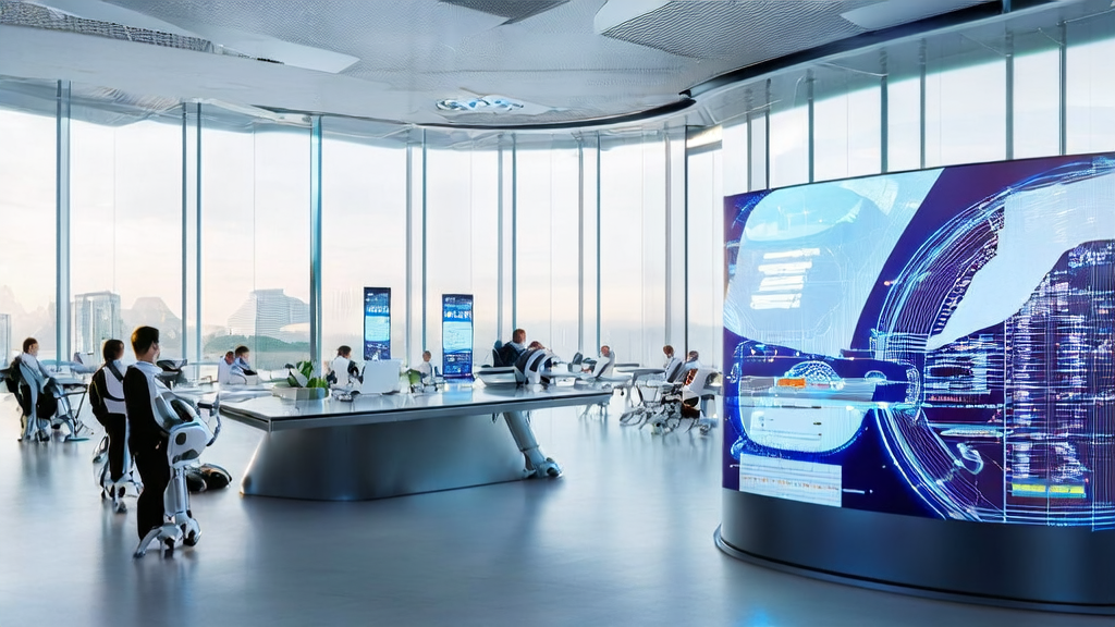 未来办公室中员工与智能机器人协作，利用AI技术实现高效获客和低成本转化