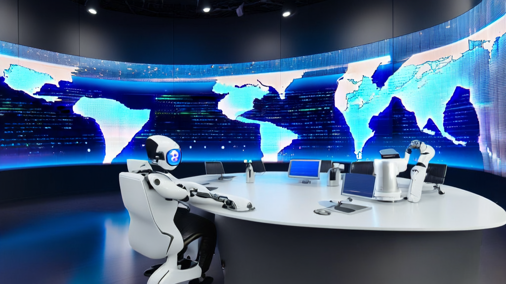 未来办公室中的AI客户预测模型展示,智能机器人处理全球客户信息,全球地图上闪烁着潜在客户光点