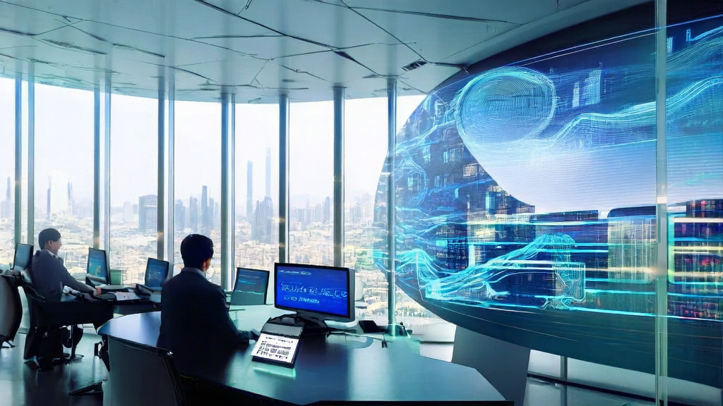 未来办公室中分析师使用AI客户预测模型进行数据分析