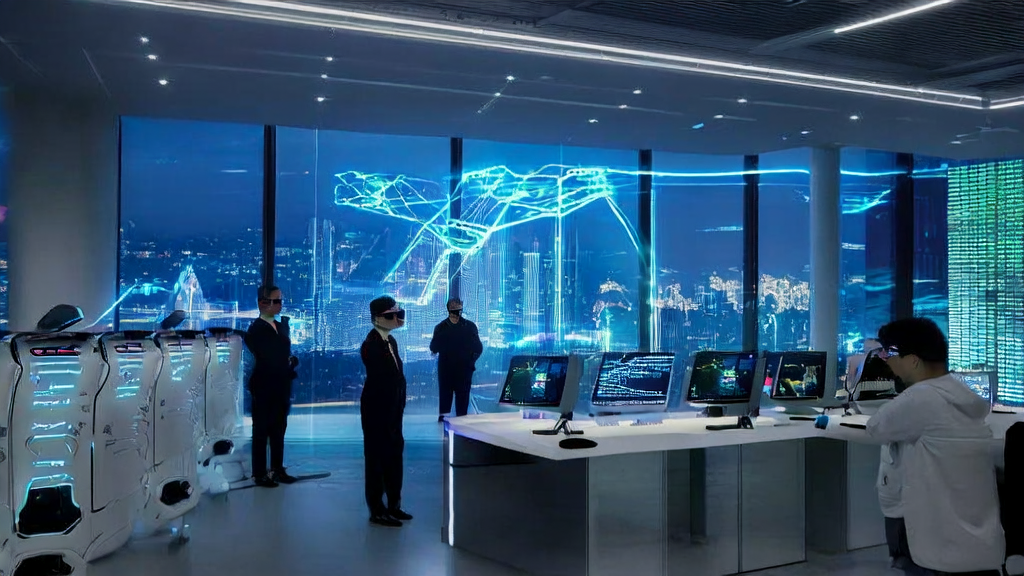 Scene of AI customer data collection and processing in a futuristic office