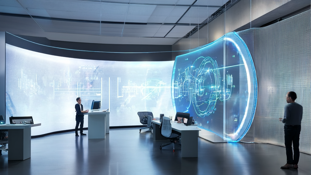 Employees in a futuristic office using AI to optimize email marketing strategies