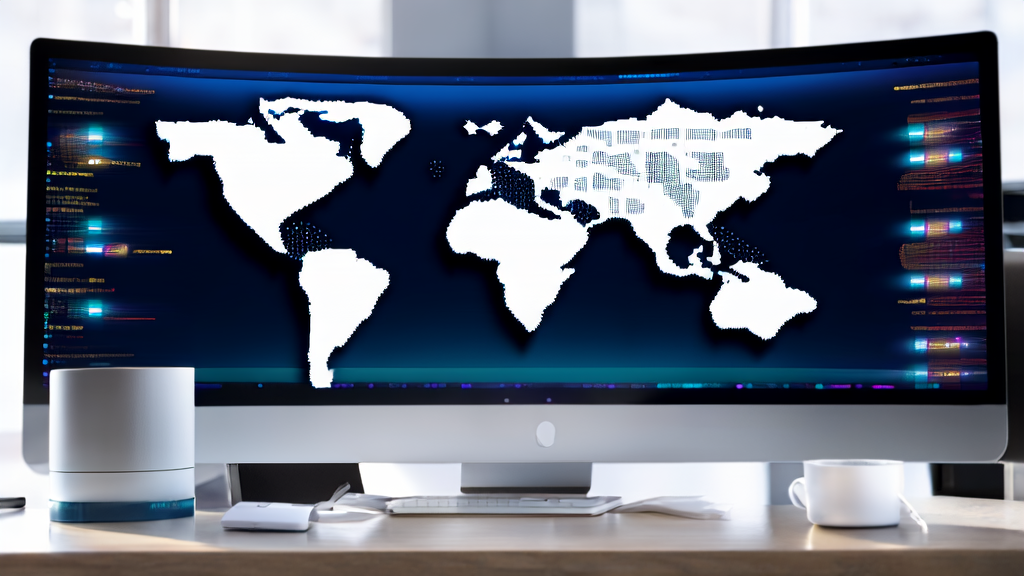 A future office featuring smart speakers and AI marketing tools, showcasing global market expansion and efficient email marketing