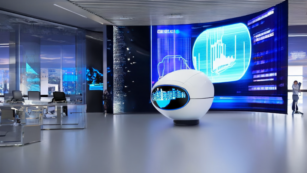 A futuristic cross-border e-commerce office in 2025 where the AI robot “Bumi“ assists the team with multilingual marketing and data analysis.