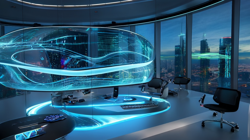 A futuristic office with large transparent screens, floating keyboards and mice, an AI assistant presented as a hologram, surrounded by smart devices, with a view of a bustling city nightscape outside the window.