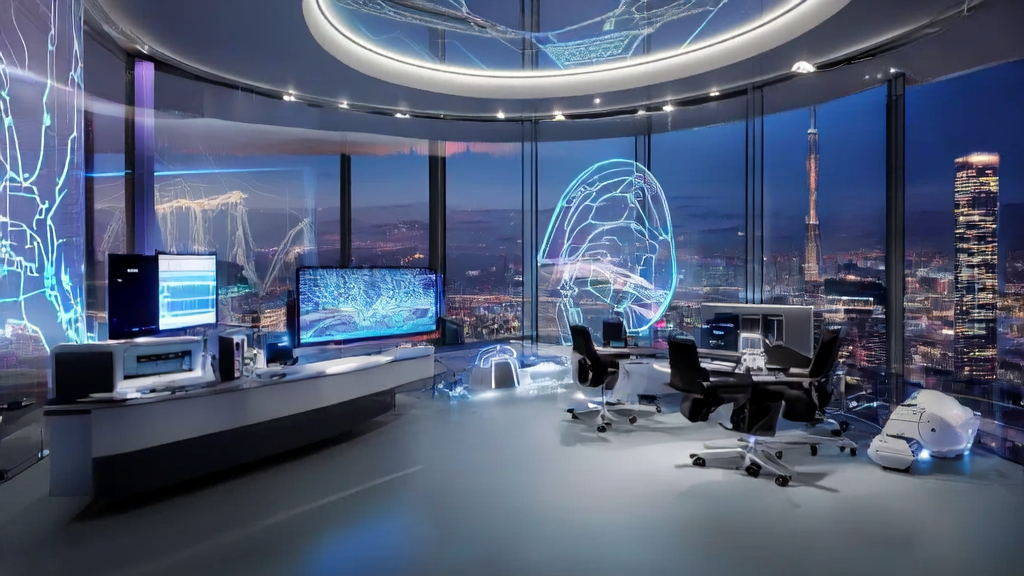 Entrepreneurs in a futuristic office using AI technology to analyze global market data