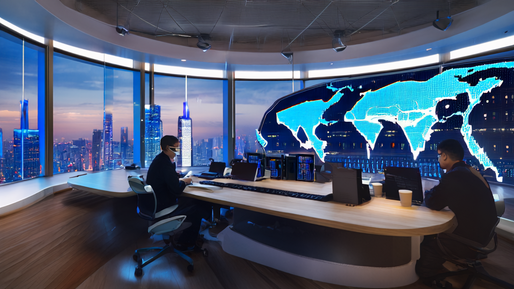 Engineers in a futuristic office using the Alibaba Qwen model for AI acquisition analysis