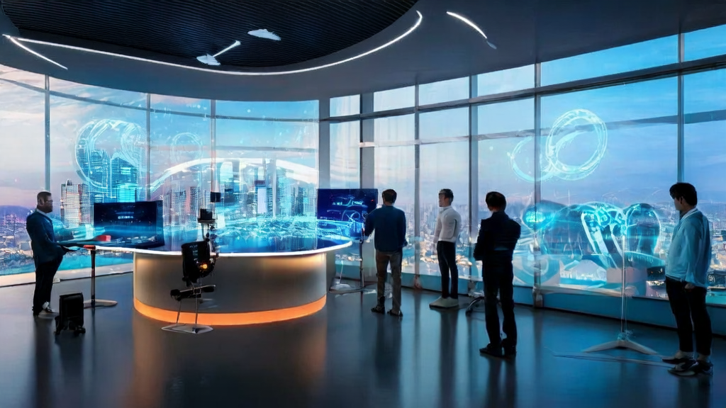 A futuristic office where young entrepreneurs use AI technology to optimize overseas market customer acquisition strategies