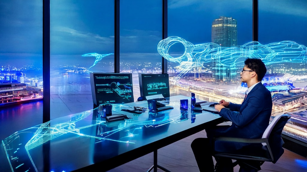 未来充满科技感的办公室,展示AI外贸邮件自动化营销工具的实时分析结果