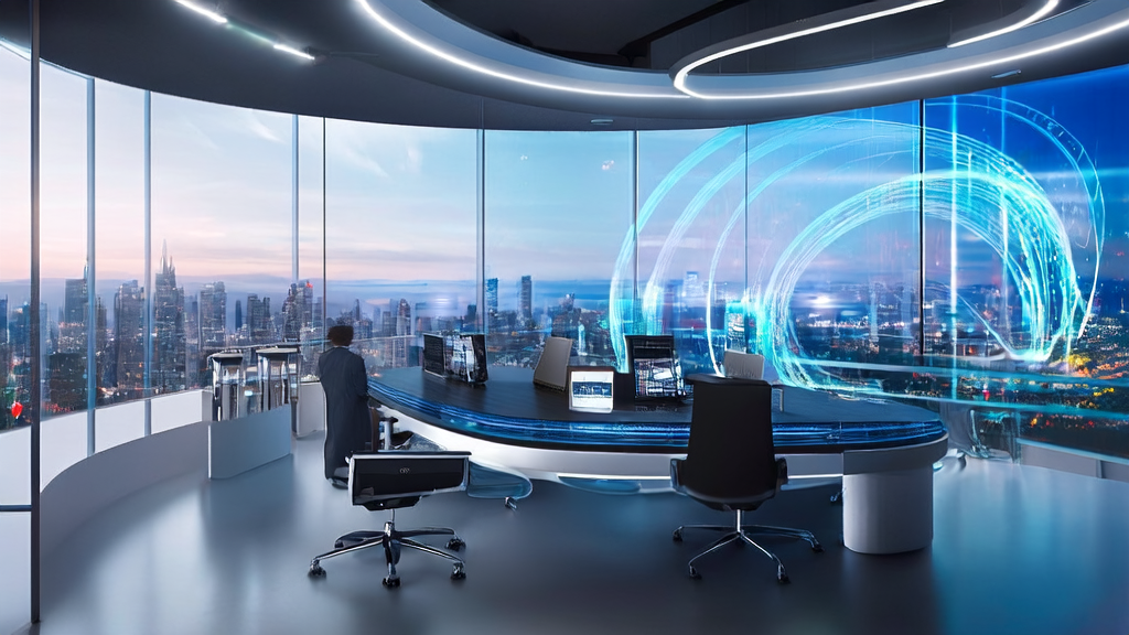 Future tech office showcasing AI technology assisting cross-border e-commerce in overcoming growth bottlenecks