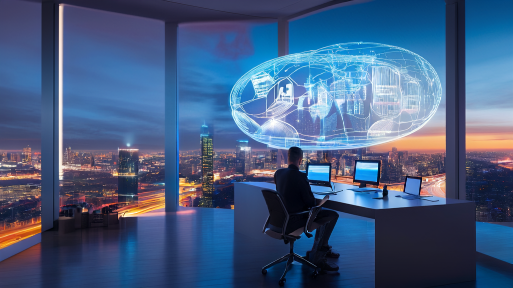 A futuristic office where an entrepreneur uses Claude AI's task mode for customer data analysis, with a bustling city night view outside.