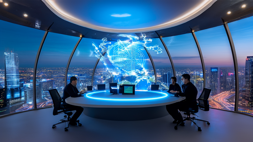 Scene of a futuristic office showcasing the Grok 4 AI model and global market dynamics