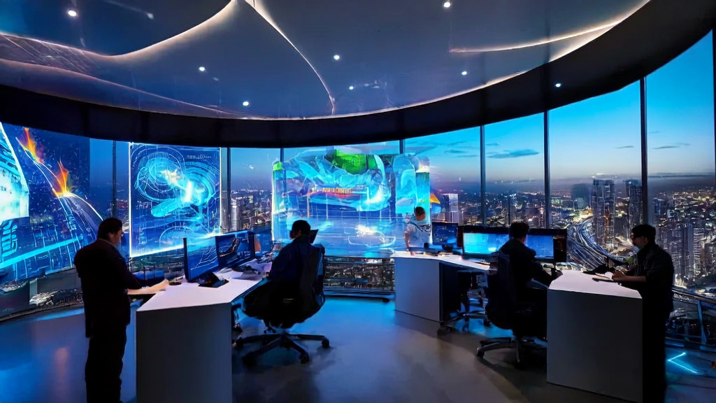 未来办公室中员工使用诺顿Neo浏览器进行AI驱动的市场营销工作