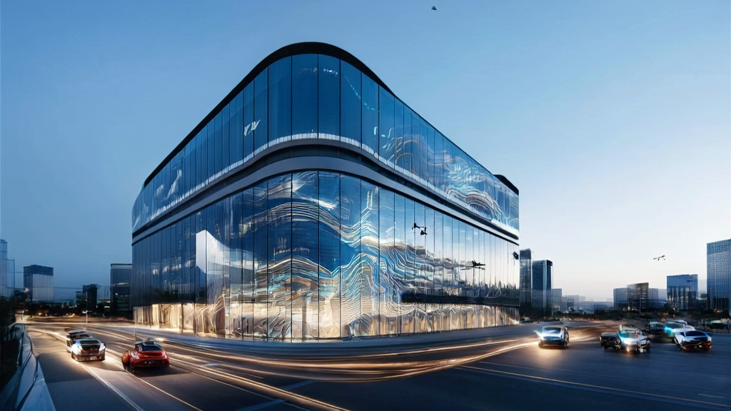 A modern office building in a future tech city showcasing Tesla's AI chip technology, symbolizing the efficiency of AI-driven customer acquisition systems.