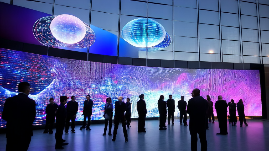 Employees of an export company in a futuristic tech city are using an AI customer prediction model to screen high-quality customers, with a modern office building and glowing spheres representing Microsoft's new AI model in the background.