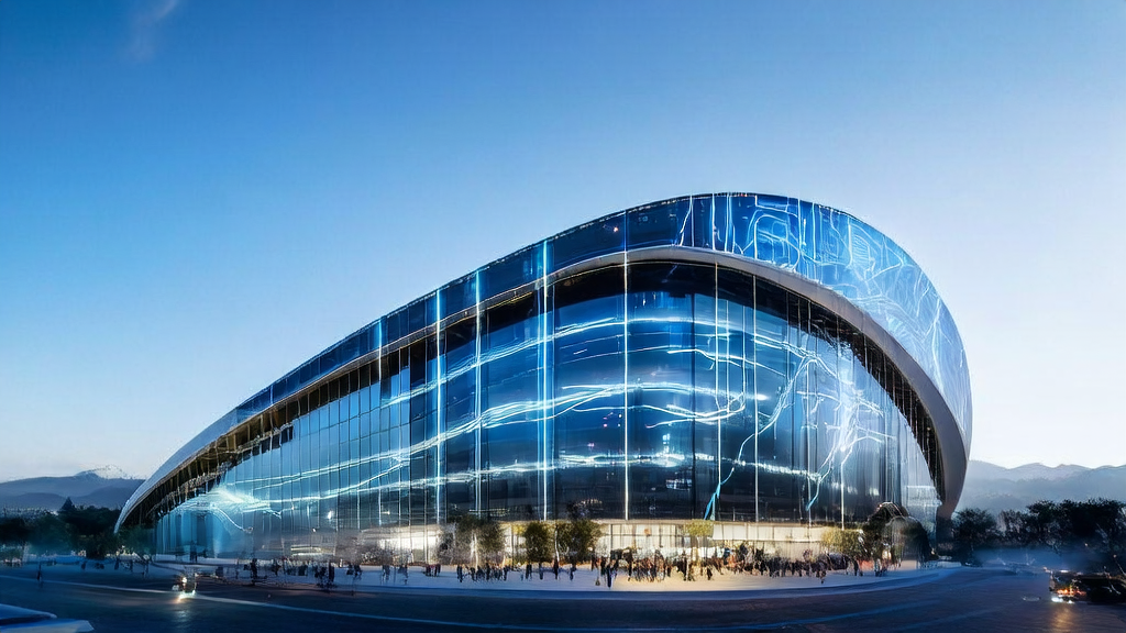 A modern office building in a futuristic tech city showcasing 2025 AI innovations, with people discussing AI applications in cross-border e-commerce email marketing