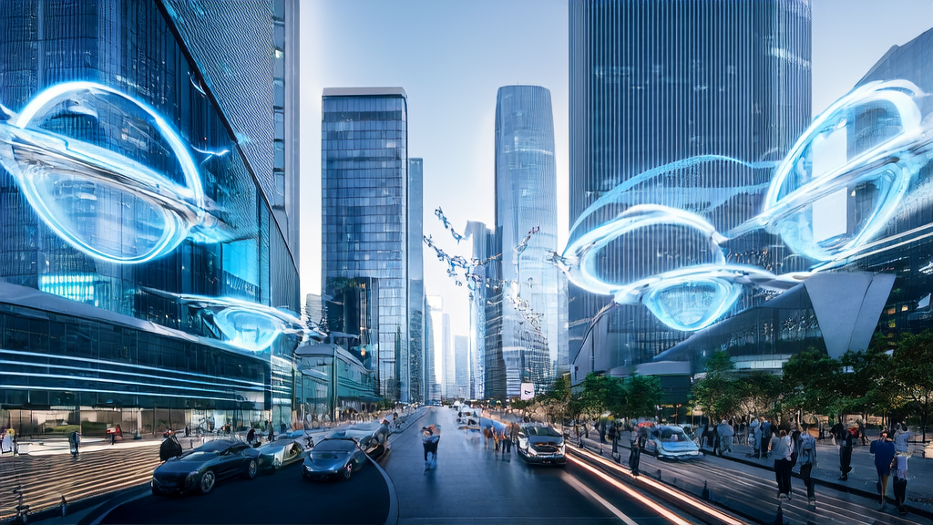 Advertisement display of the 360 Intelligent Body Platform in a futuristic tech city with self-driving cars, smart robots, and drone fleets