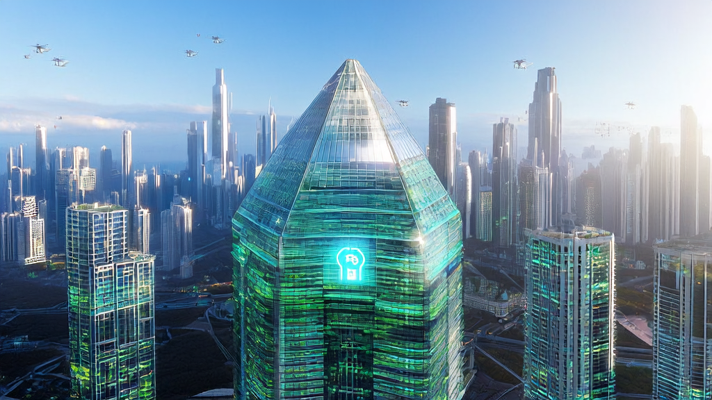 未来科技城市中的AI控制中心，展示跨境电商邮件营销的数据流动