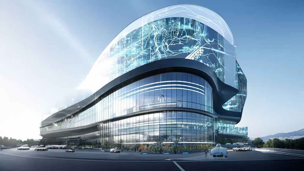 A futuristic tech city where cross-border e-commerce businesses utilize AI technology for efficient customer acquisition and global market expansion