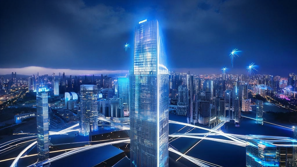 Future tech city with AI customer prediction model in action