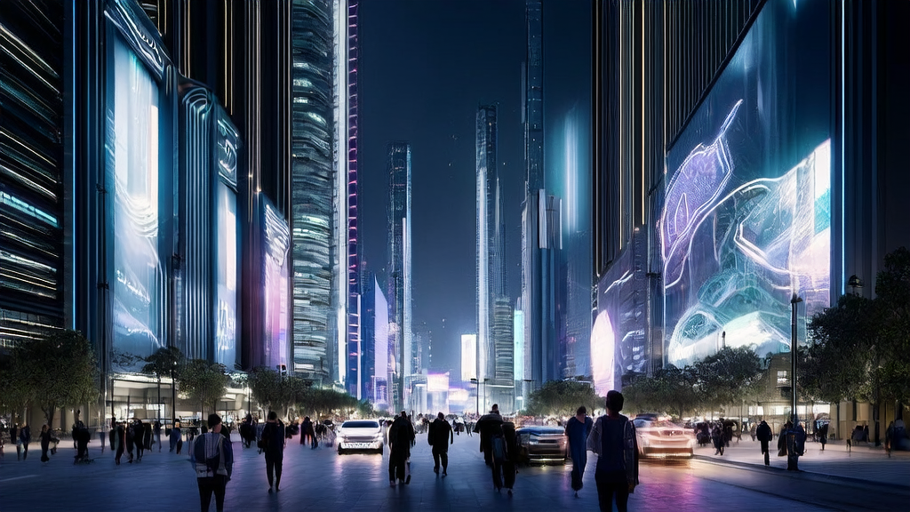未来科技城市中展示Mistral AI最新成果的场景