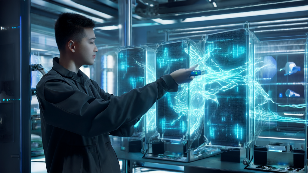 A young scientist interacts with a virtual assistant on a large transparent screen, showcasing complex AI models and data streams in a futuristic tech lab.