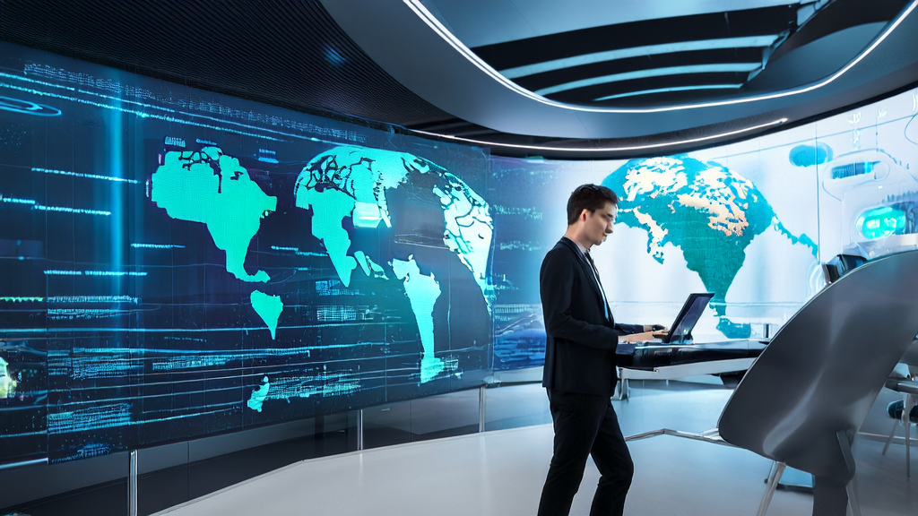A futuristic tech office where an entrepreneur uses Quark's “Deep Search“ technology to analyze LinkedIn customer data