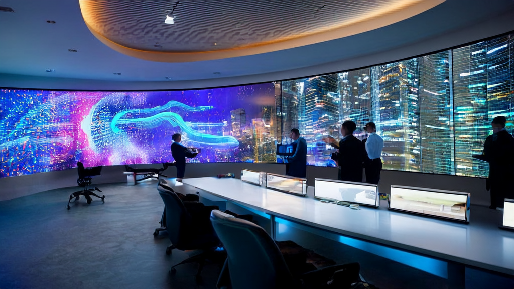 未来科技办公室内，员工们利用先进AI系统进行全球市场分析和邮件营销，窗外是繁华的城市夜景。