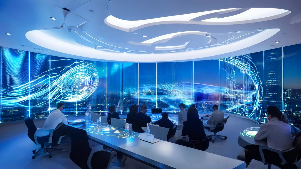 未来科技办公室内,技术人员正在讨论最新的AI驱动客户获取解决方案,展示了现代化的办公环境和智能机器人。