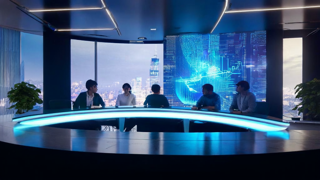 未来科技办公室内的团队正在使用Comfy Cloud进行AI创意创作，背景是繁华的城市夜景。