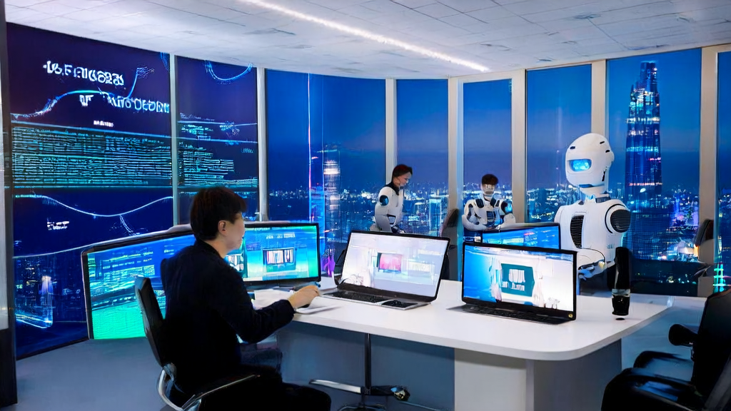 In a futuristic tech office, a young entrepreneur is analyzing cross-border e-commerce data using AI email automation tools, with a backdrop of a bustling city night view.