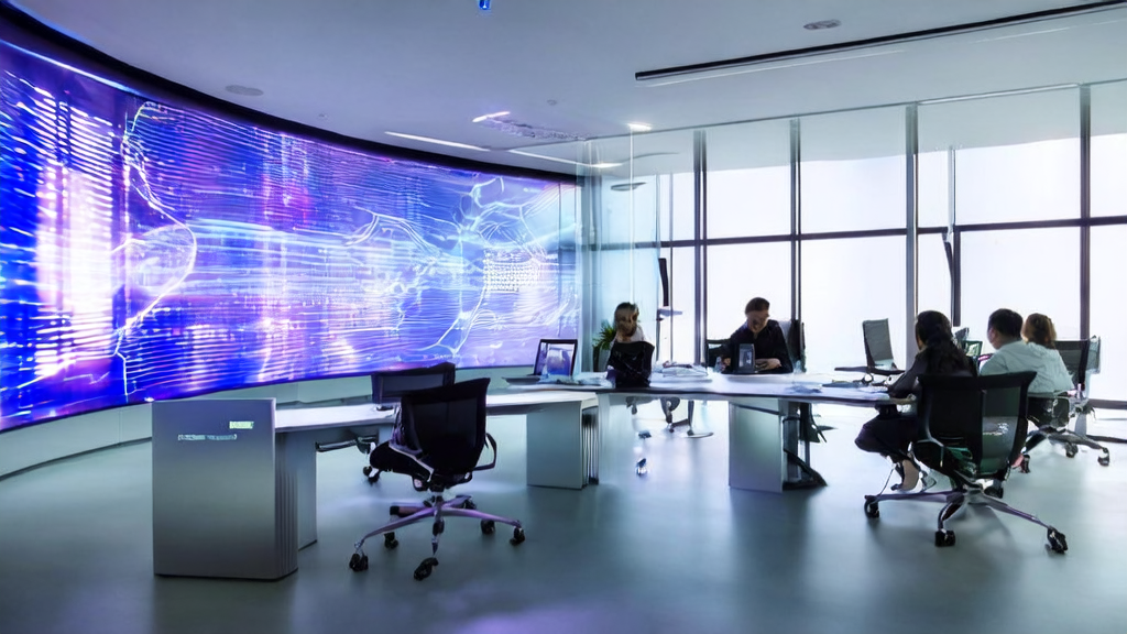 未来科技办公室内员工使用自动化营销工具优化外贸邮件和多语言AI生成器处理邮件