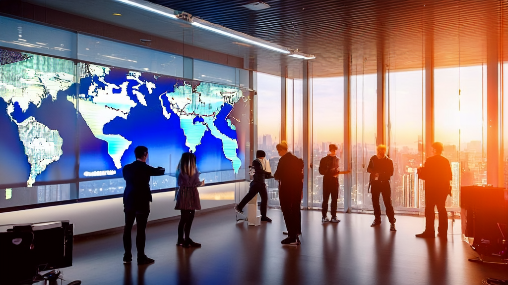 A group of entrepreneurs in a future tech office discussing AI precision acquisition and email marketing strategies