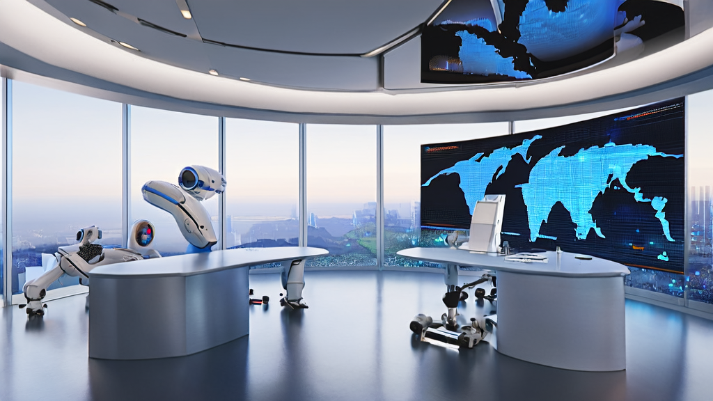 A futuristic tech office where robots are processing AI customer acquisition data, illustrating how cross-border e-commerce can leverage AI technology for efficient customer acquisition and marketing optimization in 2025.